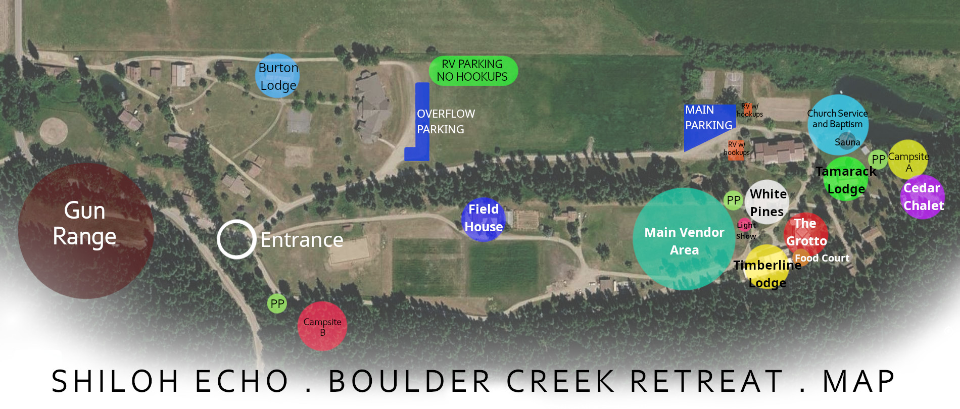 Boulder Creek Retreat activities map. Layout of the 100+ acre Shiloh Echo '26 venue