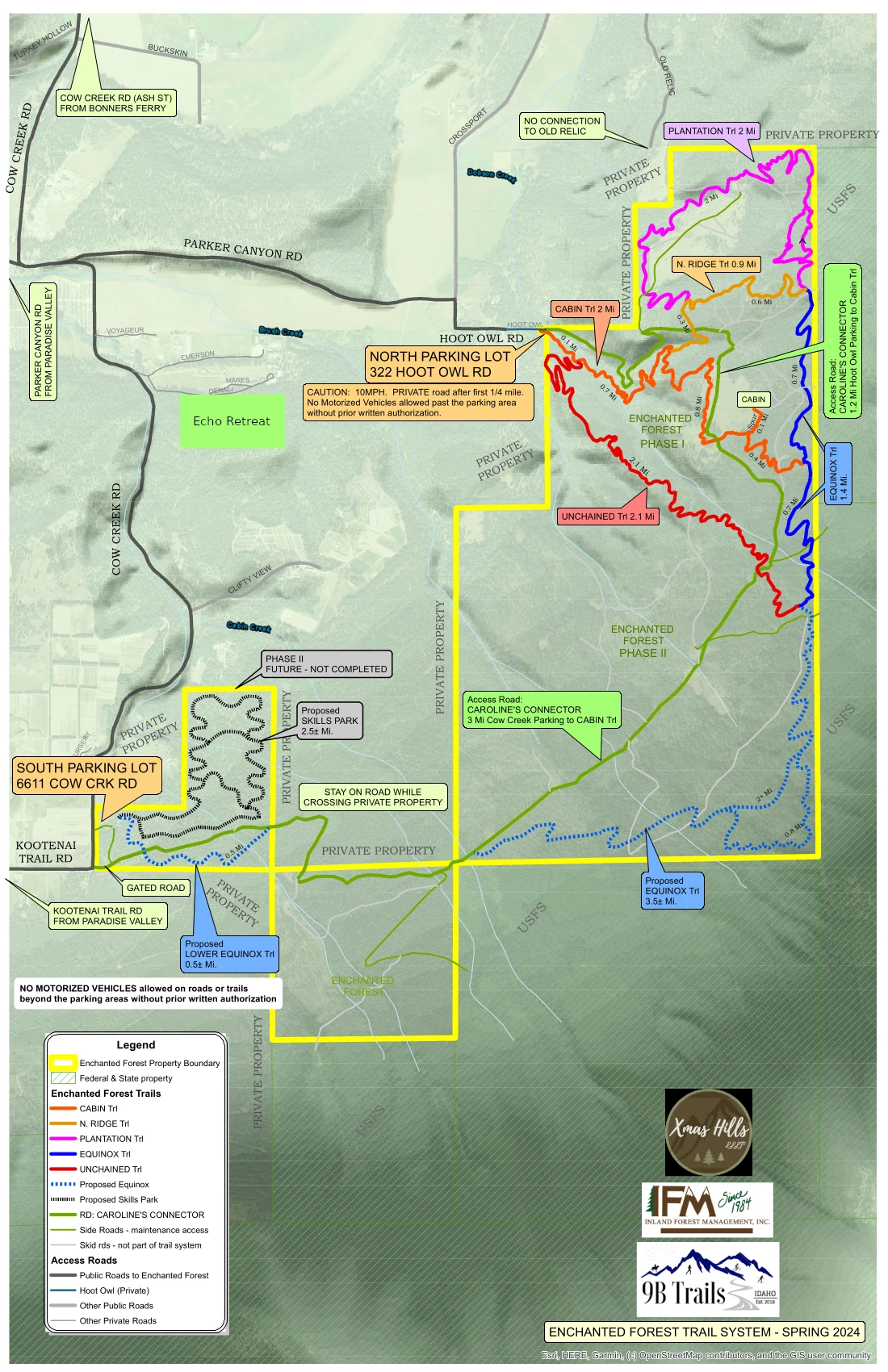 Enchanted Forest trail map near Bonners Ferry, Idaho. More than 25 miles of mountain biking, hiking, trail running, and snowshoeing.
