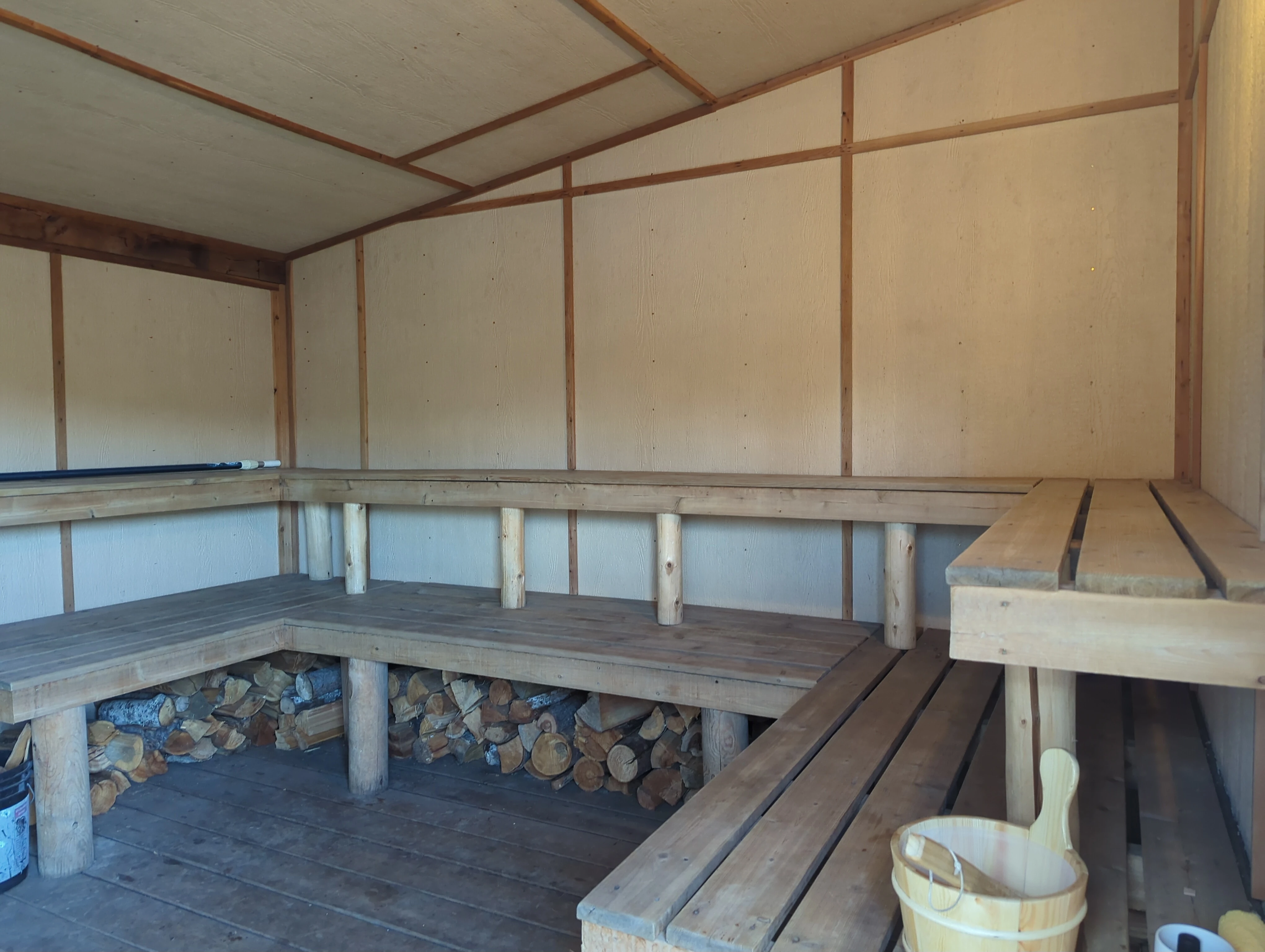 Seating inside the wood-fired sauna