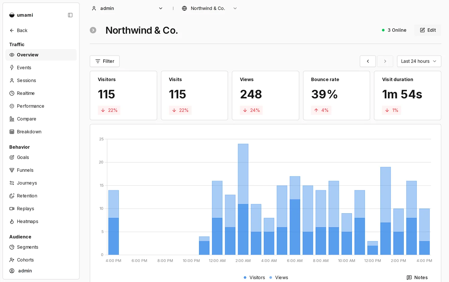 Umami analytics overview: visitors, views and top pages on a privacy-first dashboard